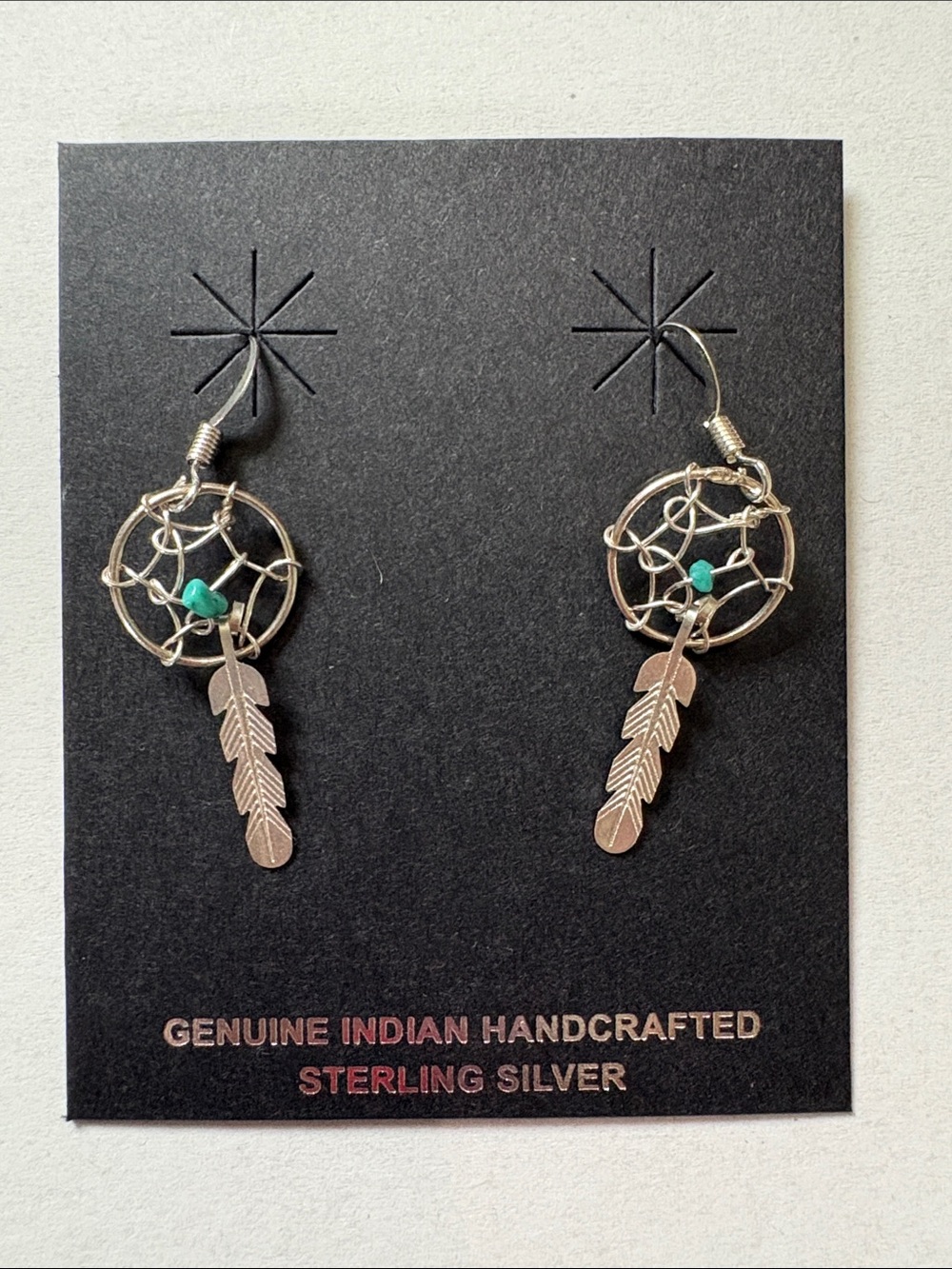 Navajo Made Sterling Silver Dreamcatcher Feather Drop Earrings with Turquoise